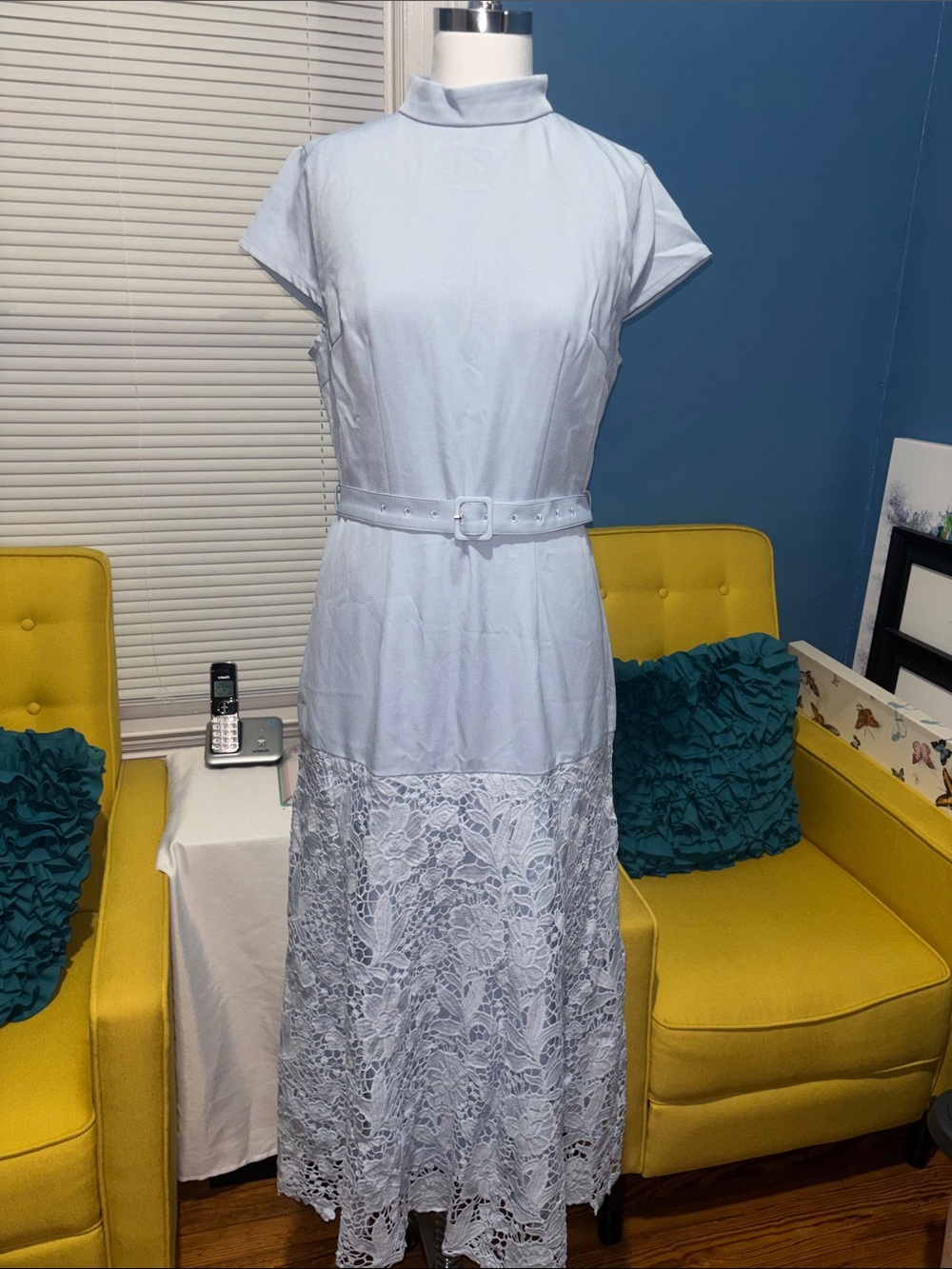 Light Blue Lace-Hem Belted Midi Dress